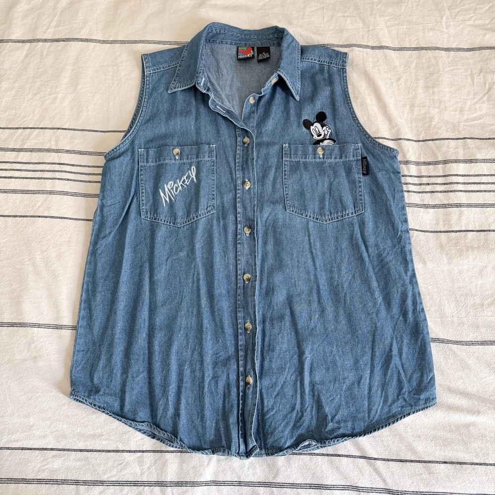 Mickey Denim Sleeveless Button-Up Shirt - Blue